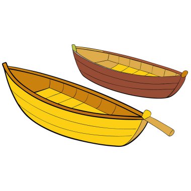 İki ahşap kayık. Biri sarı, biri kahverengi. Beyaz arka planda. Yapay zeka üretildi. Vektör simgesi