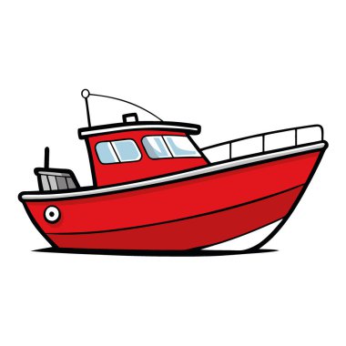 Kırmızı balıkçı teknesi illüstrasyonu gösterişli tasarım ve kıyı maceraları için güçlü motor. Yapay zeka üretildi. Vektör simgesi