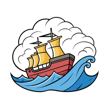 Fırtınalı bir denizde giden bir geminin romantik tablosu. Dramatik ışık ve güçlü dalgalarla. Yapay zeka üretildi. Vektör simgesi