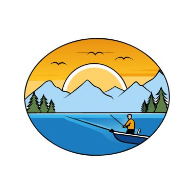 Güneşin batışında sakin bir gölde, doğanın yansımaları ve açık mavi gökyüzü ile sakin bir balık avı. Yapay zeka üretildi. Vektör simgesi