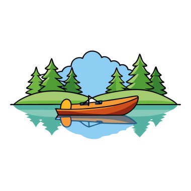 Berrak Yeşil Ağaçlar ve Suyun Yansımaları ile çevrili Serene Gölü üzerindeki Huzurlu Balıkçı Kayığı. Yapay zeka üretildi. Vektör simgesi