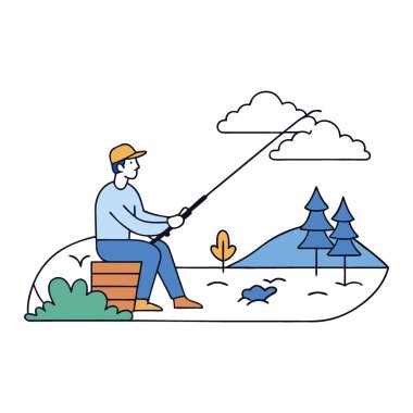 Doğal ve Huzurlu Su Yansımaları ile çevrili Gölde Balık Tutan Bir Adamın Huzurlu Sahnesi. Yapay zeka üretildi. Vektör simgesi