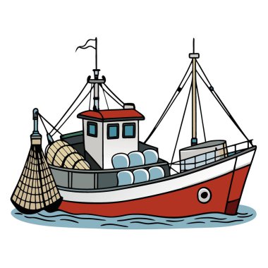Limana bir balıkçı teknesi yanaştı. Yapay zekanın ürettiği ticari bir balık avından kalma ağlar. Vektör simgesi