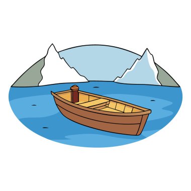 Kışın donmuş gölde seçici odaklı ahşap tekne. Balıkçı teknesiyle yapay zekanın oluşturduğu buzulun manzarası. Vektör simgesi