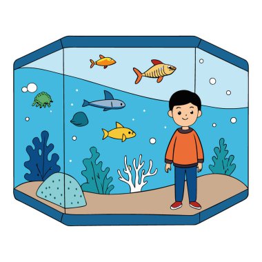 Genç bir çocuk büyük okyanus akvaryumunda sualtı harikalarına hayret eder. Yapay zekanın yarattığı canlı deniz canlılarıyla çevrili. Vektör simgesi