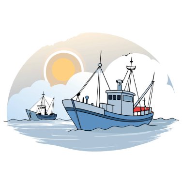 Sakin denizde, sisin içinden balıkçı tekneleri çıkar. Sabah güneşinin dağınık ışığıyla aydınlanan yapay zeka üretildi. Vektör simgesi