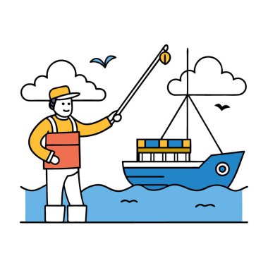 Okyanusta balıkçı, serin havada balıkçı teknesinde çalışırken balık yakalıyor. Günün avını sergiliyorum. Yapay zeka üretildi. Vektör simgesi