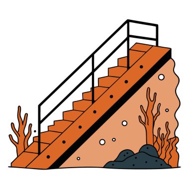 Paslı korkuluklar ve gemi enkazının merdivenleri. Mercan oluşumları ve yapay zekayla kaplanmış küçük balıklar. Vektör simgesi