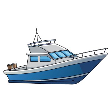 Gösterişli modern balıkçı teknesi beyaz arka planda izole edilmiş gelişmiş tasarımı ve özelliklerini sergiliyor. Yapay zeka üretildi. Vektör simgesi