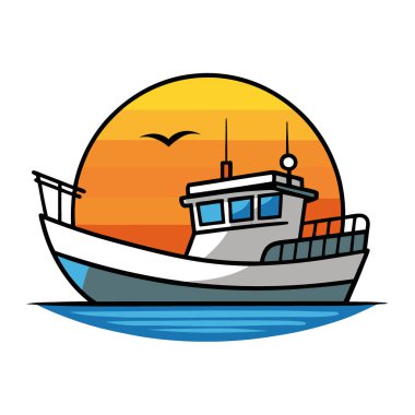 Gün doğumunda Sakin Sularda Güzel Yansımalar ve Canlı Renklerle Yüzen Manzaralı Balıkçı Teknesi. Yapay zeka üretildi. Vektör simgesi