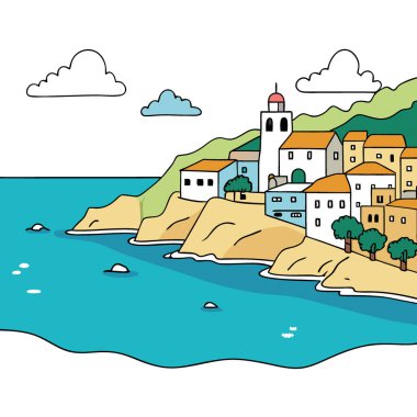 Kristal berrak suları ve Akdeniz kıyı şeridi boyunca uzanan büyüleyici köyüyle çarpıcı bir kıyı manzarası. Yapay zeka üretildi. Vektör simgesi