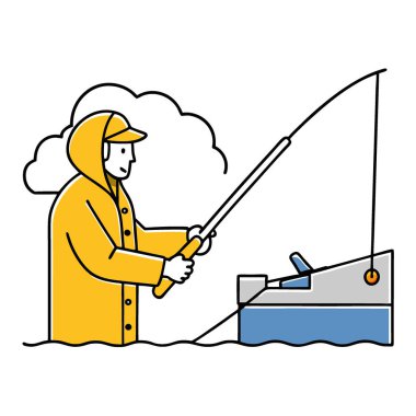 Sarı yağmurluklu balıkçı açık denizde bulutlu bir günde balıkçı teknesinde vinç kullanıyor. Yapay zeka üretildi. Vektör simgesi