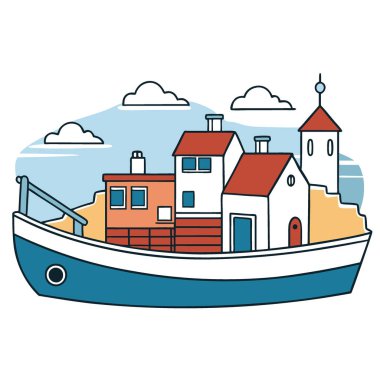 Beyaz boyalı evlerle kenetlenmiş balıkçı teknesi. Sahil köyü. Parlak gökyüzü manzaralı yaz manzaralı. Yapay zeka üretildi. Vektör simgesi