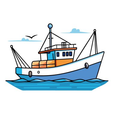 Açık Deniz ve Açık Mavi Gökyüzü ve Durgun Deniz Koşulları 'nda Uzun Çizgili Balıkçı Gemisi. Yapay zeka üretildi. Vektör simgesi