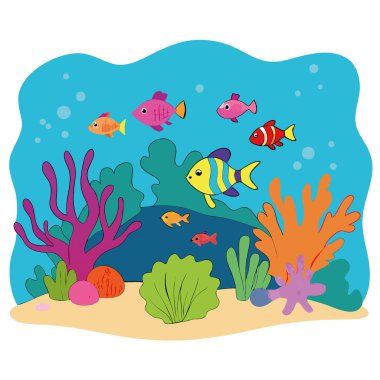 Renkli balıklar ve deniz hayvanlarıyla okyanus altında renkli mercanlar. Dijital Sanat İllüstrasyonu. Yapay zeka üretildi. Vektör simgesi