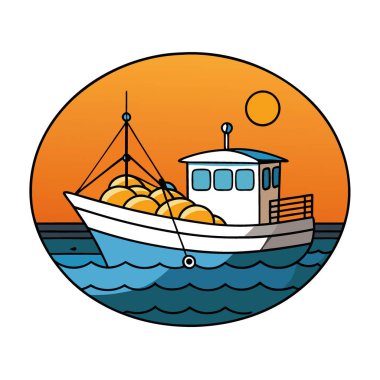 Gün batımında, güvertede ağlar ve portakallarla balıkçı teknesi. Kıyıdaki bir akşamın huzurlu güzelliğini yakalıyorum. Yapay zeka üretildi. Vektör simgesi