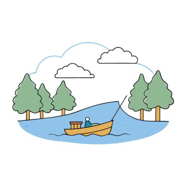 Sakin gölün üzerinde, sisli ağaçlarla çevrili küçük bir tekneyle huzurlu bir balık avı, yapay zekanın yarattığı sakin bir atmosfer yaratır. Vektör simgesi