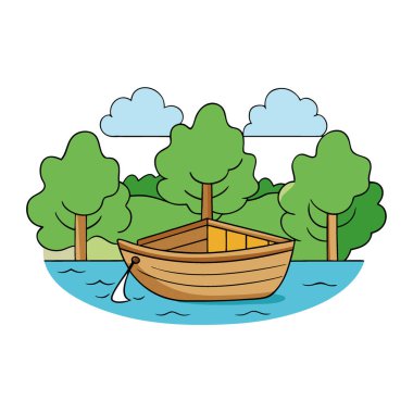 Huzurlu bir ahşap tekne sakin sularda dinlenir. Huzurlu bir sabah ortamında canlı yeşil ağaçlarla çevrilidir. Yapay zeka üretildi. Vektör simgesi