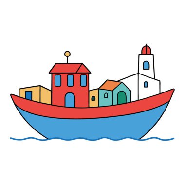 Küçük mavi ve kırmızı bir tekne sakin sularda huzur içinde yüzer ve renkli bir kasaba yapay zekanın ürettiği mesafeyi yansıtır. Vektör simgesi