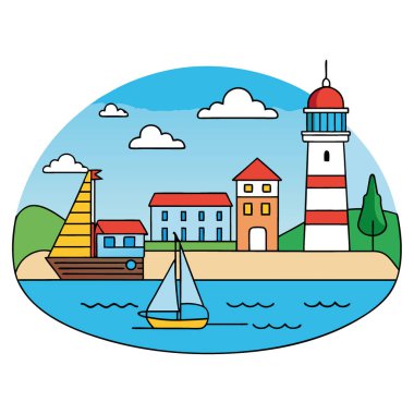 Tarihi liman kasabasında sakin bir öğleden sonra yelkenli tekneleri ve mavi gökyüzünün altında bir deniz feneri. Yapay zeka üretildi. Vektör simgesi