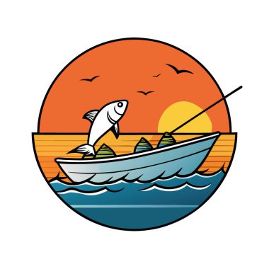 Gün batımında bir teknede taze yakalanmış balığın canlı bir sahnesi. Yapay zekanın okyanusta balık tutmanın güzelliğini yansıtması. Vektör simgesi