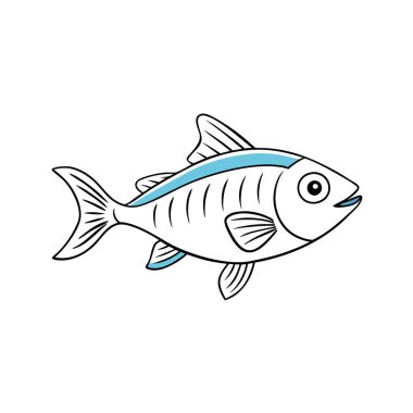 Katı beyaz bir zemin üzerinde izole bir şekilde yüzen bir balığın çizgi çizimi. 32 bin. Tam ultra HD. Yüksek çözünürlük Yapay zeka üretildi. Vektör simgesi