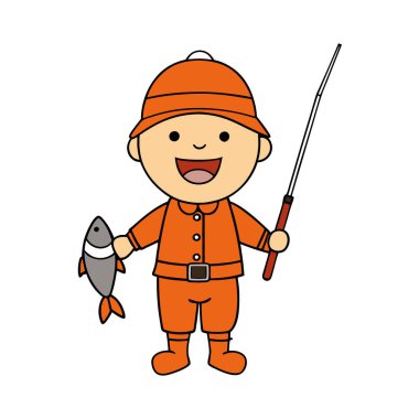 Turuncu kıyafetli neşeli bir çocuk. Oltayla balık avlamaya hazır. Makara. Ve renkli bir balık yapay zeka üretti. Vektör simgesi