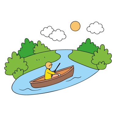 Yalnız bir figür, güneşli bir öğleden sonra yemyeşil yemyeşil bir nehrin içinden ahşap bir tekne geçiyor. Yapay zeka üretildi. Vektör simgesi