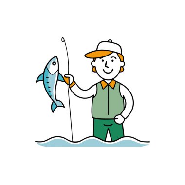 Yakalanmış bir balığı temiz suyun üzerinde tutan bir insan. Yapay zekanın yarattığı doğa ve balıkçılık faaliyetlerinin güzelliğini gösteriyor. Vektör simgesi