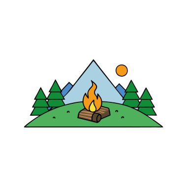 Ormanın ortasındaki bir kamp ateşinin fotoğrafı. Yakınında yeşil bir tarla ve arkasında da bir kaya duvarı var. Yapay zeka üretildi. Vektör simgesi