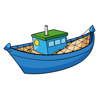 Açık mavi balıkçı teknesi sıcak ahşap süslemeler ve zeytin yeşili ağlar sergiliyor. Sakin sularda dinleniyor. Yapay zeka üretildi. Vektör simgesi