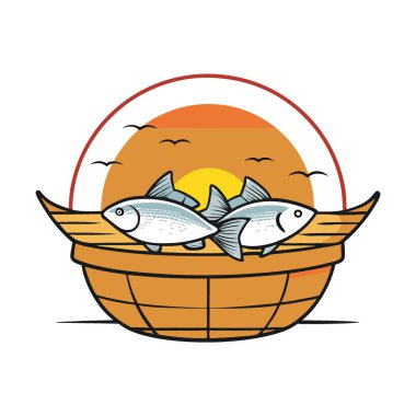 Gün batımına yakın sahil köyünde verimli bir balık avı gezisinden sonra dokuma sepetinde dinlenen taze balık. Yapay zeka üretildi. Vektör simgesi