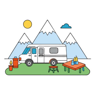 Renkli ışıkların altında piknik düzeneği olan bir kamp arabasının gerçekçi üç boyutlu çizimi. Yapay zeka üretildi. Vektör simgesi