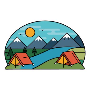 Huzurlu göl çadırı yanında kamp macerası. Alacakaranlık doğası fotoğrafçılığı. Huzurlu çevre manzarası. Yapay zeka üretildi. Vektör simgesi