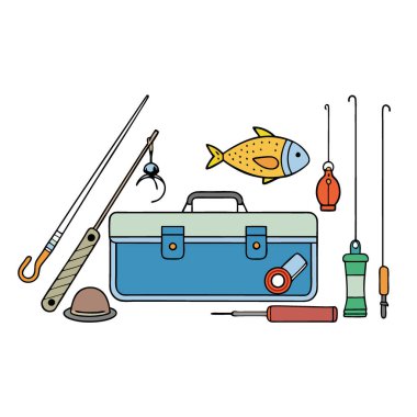 Oltalar da dahil olmak üzere balıkçılık malzemeleri ve ekipmanlar bir yüzeye yerleştirilmiş. Alet çantası. Ve düzgün bir düzende yem. Yapay zeka üretildi. Vektör simgesi