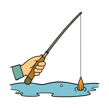 Sığ bir nehirde dururken oltayı tutan eller. Arka planda su ve yumuşak ışık var. Yapay zeka üretildi. Vektör simgesi