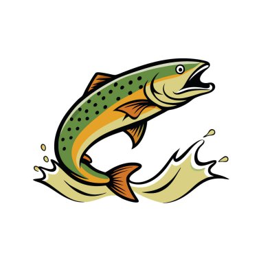 Sabahın erken saatlerinde balık avlama gezisinde alabalık çarpıcı bir hareket ve renk gösterisiyle sudan atlıyor. Yapay zeka üretildi. Vektör simgesi