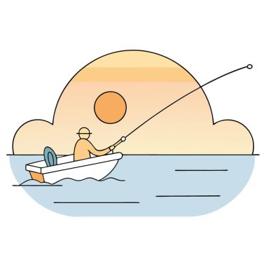 Gün doğumunda sakin sularda sakin bir sabah balıkçılığı. Yüzeyden yansıyan yumuşak pastel renkler. Yapay zeka üretildi. Vektör simgesi