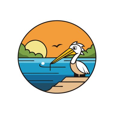 Gün batımında pelikan avlamak kıyı şeridi çizgi film sanatının sakin suları büyüleyici hayal gücü manzarası. Yapay zeka üretildi. Vektör simgesi