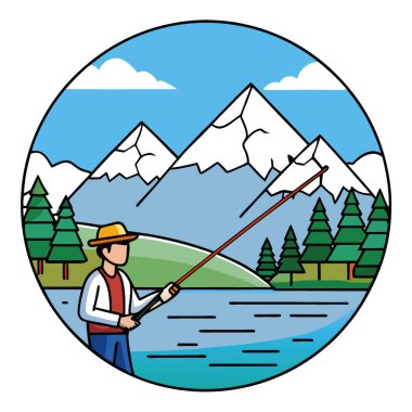 Huzurlu bir balıkçının heybetli kar örtülü dağlarla çevrili sakin bir göle bir halat attığı sakin bir sahne yapay zeka tarafından oluşturuldu. Vektör simgesi