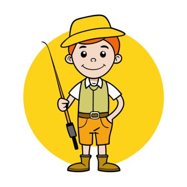 Genç bir balıkçı, canlı sarı bir arka plana karşı güvenle duruyor. Açık havada balık avlamaya hazır. Yapay zeka üretildi. Vektör simgesi