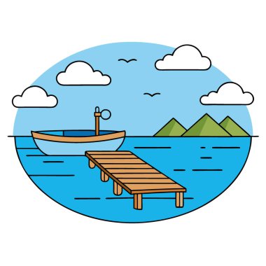 Huzurlu bir rıhtım sahnesi. Kırsal bir rıhtım var. Balıkçı teknesi Bulutlu bir gökyüzünün altında yapay zekanın ürettiği sakin mavi sular. Vektör simgesi