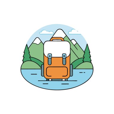 Sırt çantası dağda ve gölde. Dağda manzara hiç kimse. seyahat fotoğrafı. Seçici odaklanma. Yapay zeka üretildi. Vektör simgesi