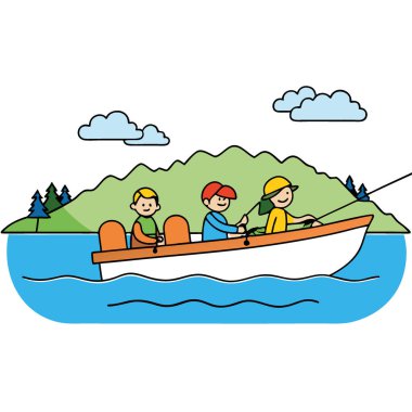 Geniş Göl 'de Aile Teknesi Gezisi Manzaraları ve Balıkçılık Maceraları. Suda Anılar Günü. Yapay zeka üretildi. Vektör simgesi