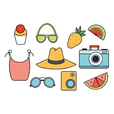 Yaz tatili için gerekli olan tek şey el çantası. Güneş gözlüğü. Parmak arası terlikler. Bir şapka. Bir telefon. Bir kamera. Bir balık. ve meyve... yapay zeka üretildi. Vektör simgesi
