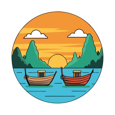 Gün batımında Maya Körfezi 'nde uzun kuyruk tekneleri. Yengeç. Tayland. Tatil seyahati. Huzurlu doğa manzarası. Yapay zeka üretildi. Vektör simgesi