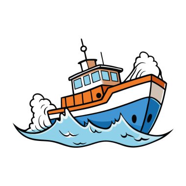 Fırtınalı okyanus dalgalarında yüzen engebeli bir balıkçı teknesi. Yapay zekanın yarattığı deniz macerasının özünü gözler önüne seriyor. Vektör simgesi