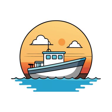 Sakin bir balıkçı teknesi gün doğumunda sakin sularda süzülür. Renkli bir gökyüzü ve yumuşak dalgalarla çevrili yapay zeka üretildi. Vektör simgesi