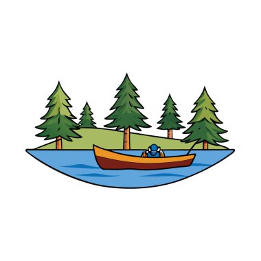 Huzurlu göle yansıyan yemyeşil ağaçlarla Sınır Suları Kano Bölgesi 'nin sakin sularında kürek çekmek. Yapay zeka üretildi. Vektör simgesi