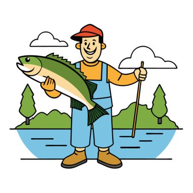 Balıkçı, yazın çevrenin yeşilliklerle çevrili olduğu canlı bir göl yakınlarında balık avlarken yakalanan büyük bir levreği gururla tutar. Yapay zeka üretildi. Vektör simgesi